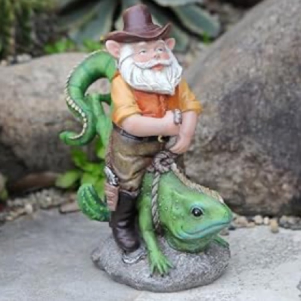 Gnome Riding Iguana Outdoor Decor